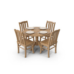 Wooden Dining Table with Four Chairs and Plates isolated on transparent background