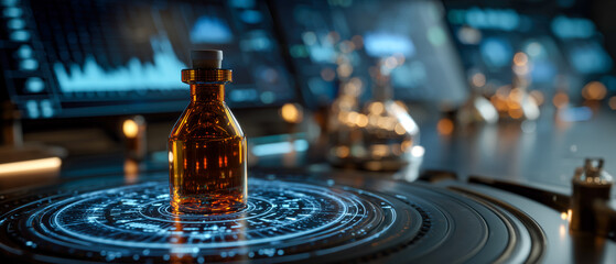 Laboratory vial on a futuristic platform with digital display. Advanced science research in a high tech research facility.  