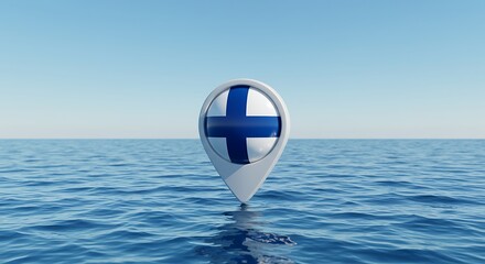 Finland location pin floats serenely on calm blue ocean waters today