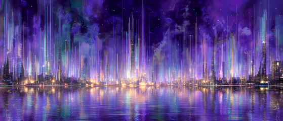 Futuristic city at night: A captivating scene with shimmering lights and reflections on water, set against a dreamy sky.