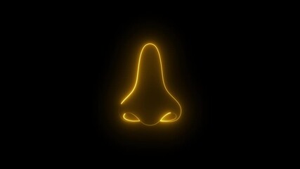 Neon glowing nose icon animation on black background . yellow line art loop of human nose, medical, smell, sinus or health concept in modern futuristic neon style