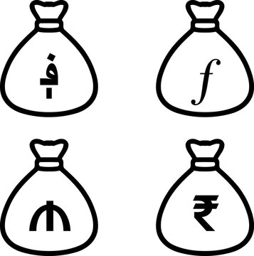 Money Bag with Various Currency Symbols set. Afghanistan Afghani, Aruba Guilder, Azerbaijan Manat, India Rupee