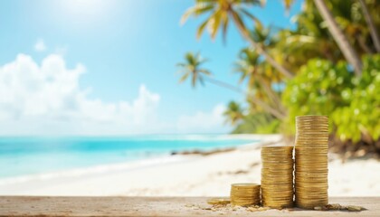 Stacks of gold coins grow on wooden table before tropical beach scene. Financial freedom, passive income, wealth creation. Achieving financial independence with multiple revenue streams, investment