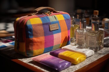 Colorful Travel Kit Stylish Toiletry Bag Perfumes and Skincare Products for a Luxurious Getaway