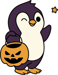 Winking Penguin Holding Pumpkin Bucket with Star (Color Outline Illustration)