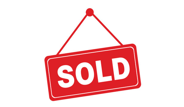 Bright red rectangular sign with the word sold in large white capital letters hanging from a string against a white background