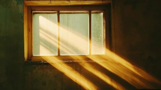 Sunlight streams through a small, old window in a dimly lit room, casting dramatic rays across the aged walls