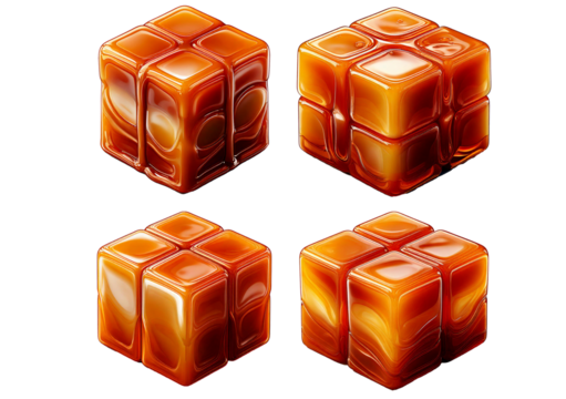 Set glossy caramel cube isometric design featuring smooth edges and a realistic isolated on a transparent or white background