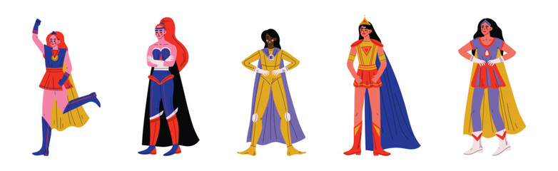 Strong Girl in Heroine Costume with Cloak Vector Set