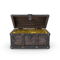 Old Wooden Treasure Chest Full of Gold Coins isolated on transparent background