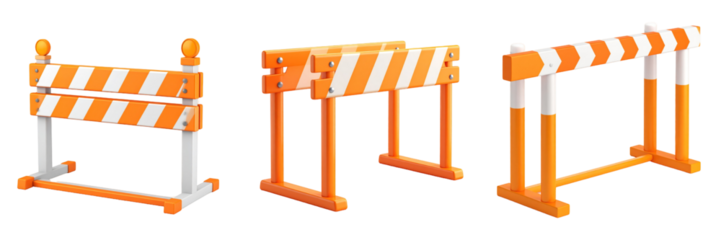 3D Plastic Style Orange And White Striped Hurdles Arranged In Perspective Against A Transparent Background Depicting Road Safety And Obstacles