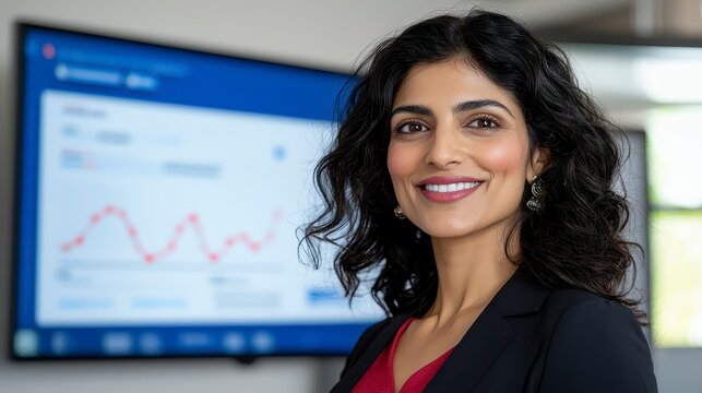 Smiling Businesswoman in Front of Business Graph Display