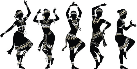 Indian classical dancer silhouettes, Odissi dance vector, traditional dance poses, cultural Indian art, tribal costume illustration, elegant female dancer, Indian heritage clipart