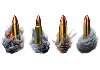 Set Bullet in motion leaving a trail of smoke isolated on a transparent or white background