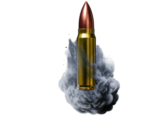 Bullet in motion leaving a trail of smoke isolated on a transparent or white background
