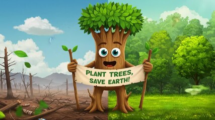 A cheerful cartoon tree promotes tree planting and environmental care.