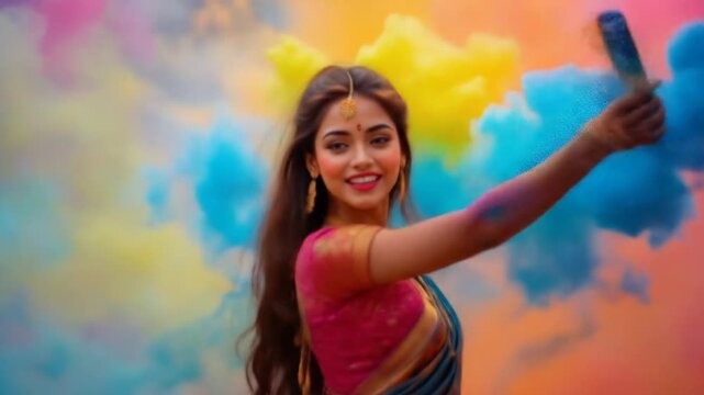 Beautiful indian woman in traditional saree celebrating holi festival with colorful powder and smoke