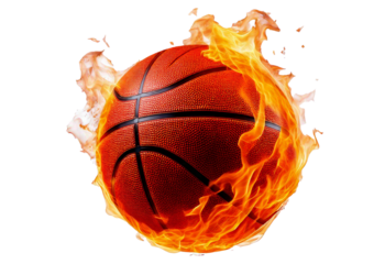 Burning basketball ball flying with flames isolated on a transparent or white background