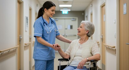 Obraz premium Compassion in Care – Nurse Assisting Elderly Woman in Wheelchair at Healthcare Facility