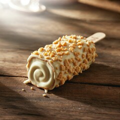 Close-up of a creamy ice cream bar covered with crunchy nuts, placed on rustic wood.
