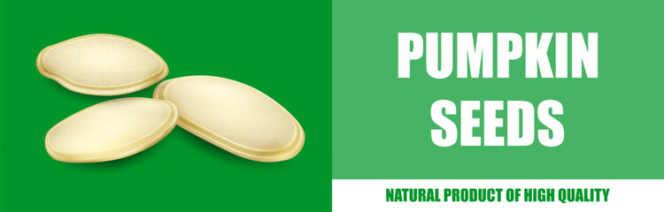 Horizontal banner with realistic pumpkin seeds on a green background and large font. Used in web design for advertising, packaging, and healthy eating
