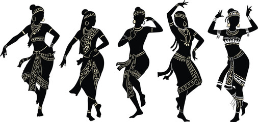 Indian classical dance silhouette, Bharatanatyam dancer vector, traditional dance pose, cultural performance art, ethnic costume illustration, elegant Indian dancer clipart