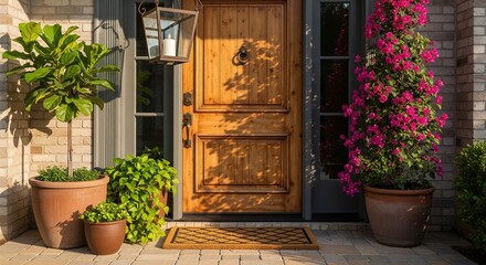 House Exterior: A Stylish Entryway with Vibrant Potted Flowers