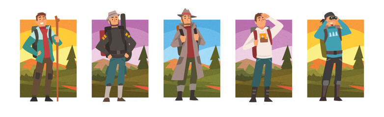 Hiking Adventure with Man Character with Stick and Backpack Trekking Vector Set