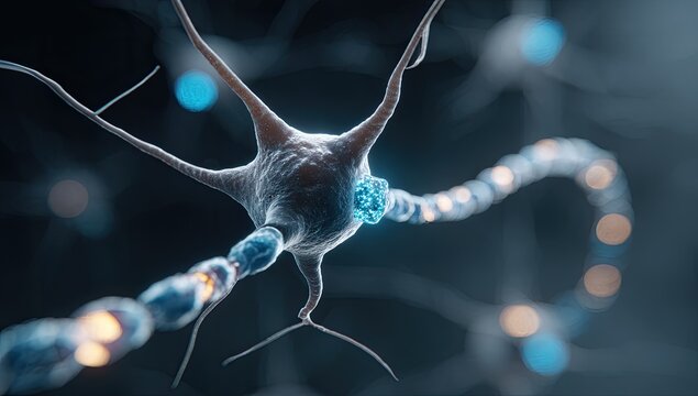 Close-up view of a neuron with axon and synapses