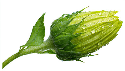 Obraz premium A sunflower bud with water droplets on its leaves, symbolizing new life and growth isolated on a white background without shadow