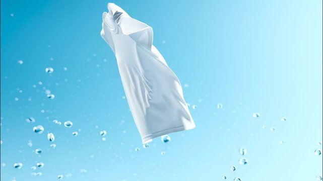 Pristine white highlighting shirt splashing with crystal water, t cleanliness, freshness, and crisp laundry concept against soft blue backdrop video 4k