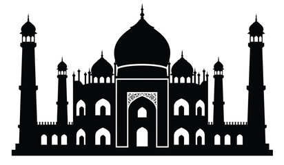 Iconic taj mahal silhouette in black and white showcasing its grand architecture and symmetrical design against a white background