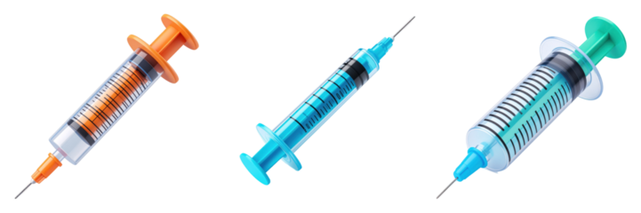Three Dimensional Plastic Syringe Icons Set with Orange Blue and Green Accents on Transparent Background