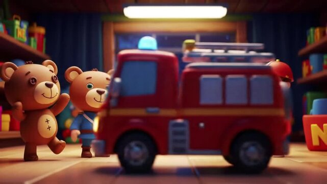 Animated Toy Story: Teddy Bears, Soldiers, Boy with Gift, and Firetruck Adventure
