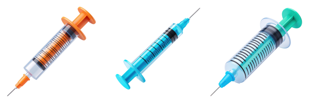 Three Dimensional Plastic Syringe Icons Set with Orange Blue and Green Accents on Transparent Background - Powered by Adobe
