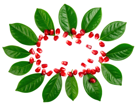 A natural floralshaped frame of green leaves and scattered red pomegranate seeds.