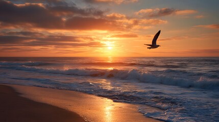 Sunset over ocean waves with seagull in flight – serene beach landscape at golden hour
