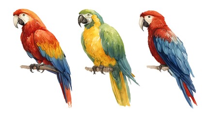 Obraz premium Set of macaw birds. Watercolor illustration on white background. Isolated elements for design.