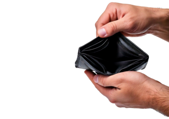 Empty black wallet in male hands isolated on a transparent or white background