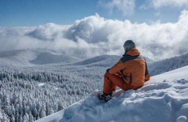 Hiker sits on snowy mountain ridge, overlooking winter forest under blue sky. Person wears orange jacket, helmet, backpack. Scenic winter landscape, peaceful solitude, day sunlight.