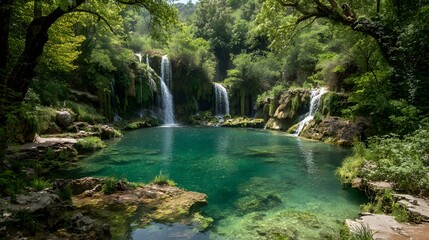 Tranquil tropical waterfall with emerald pool surrounded by lush green forest – serene nature paradise
