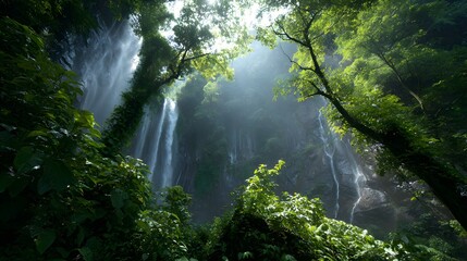 Lush tropical rainforest waterfall with sunlight rays streaming through dense green foliage, serene nature landscape
