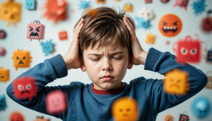 Little boy with stressed expression, eyes closed, eyebrows furrowed, hands covering ears, surrounded by emoji faces with different emotions. Concept of emotional overload, bullying and stress in child