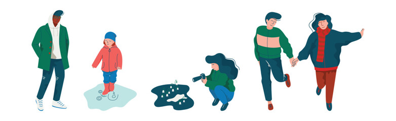 People Character Walking in Spring Park Enjoying Warm Season Vector Set