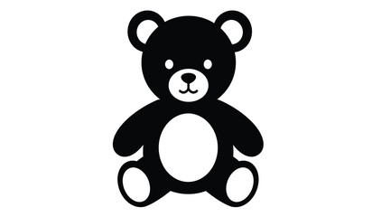 Simple black silhouette of a classic teddy bear with a white oval belly and friendly eyes on a white background