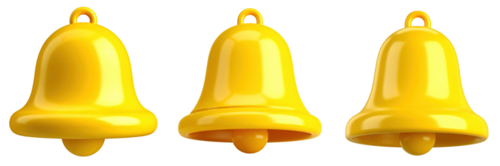 Three Yellow Plastic Bells Isolated On Transparent Background 3D Cartoon Style Notification Alert Icons