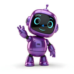 Adorable friendly purple robot waving hello with a cheerful digital smile on white background