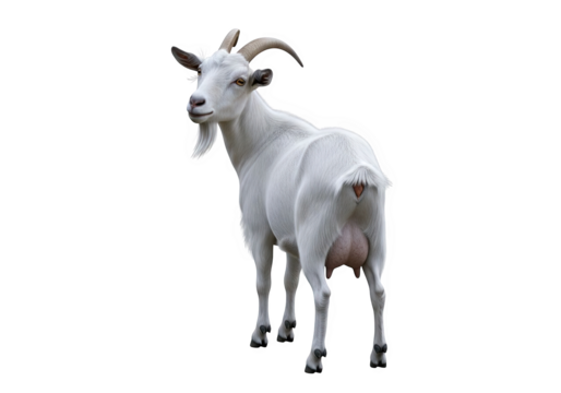 White goat isolated on transparent background, a domestic farm animal with horns and an udder