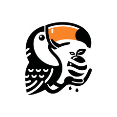 toucan with a rainbow beak holding a tropical fruit