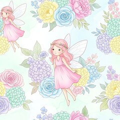 Whimsical fairy amongst pastel floral garden